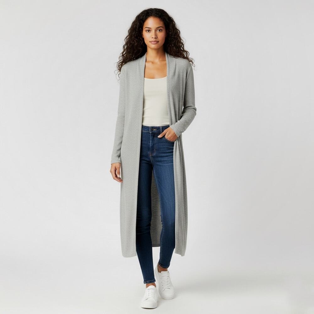 360 Sweater 100% Cotton Open Front Ribbed Long Duster Cardigan Gray Size Small